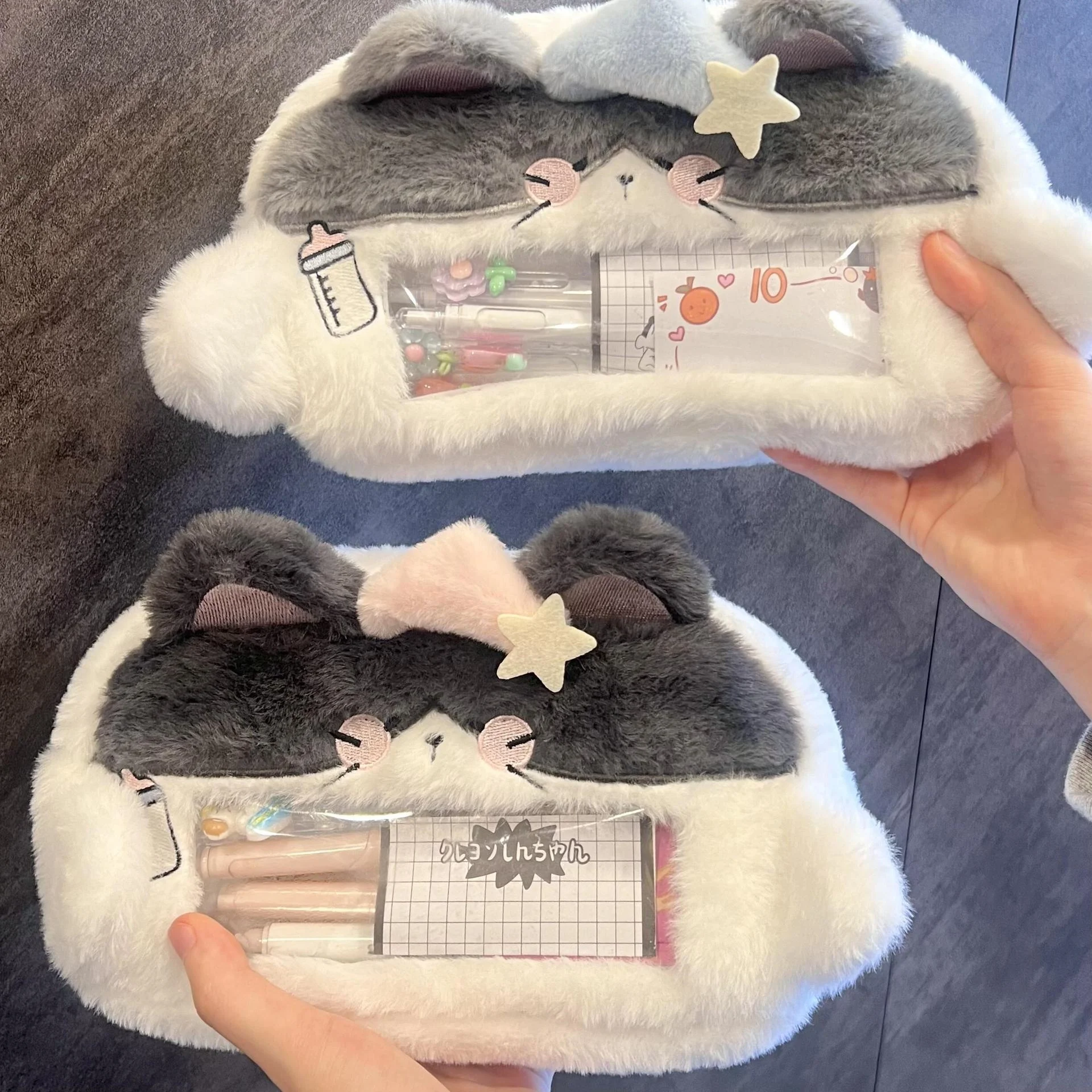 Pink/Blue Hat Cat Pencil Case Soft Plush Organizer with Transparent Window Large Capacity for Students and Office Supplies