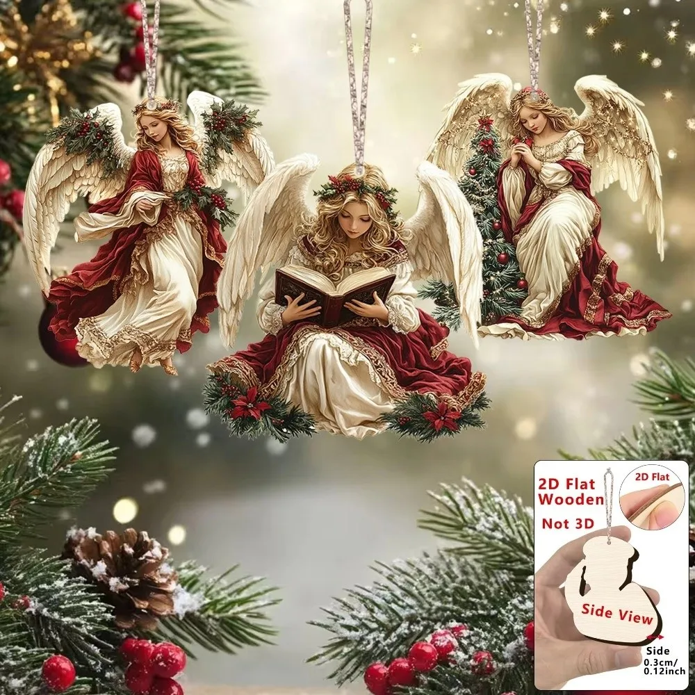 12-teiliges neues handgefertigtes Victoria-Engel-Ornament-Set, 2D-flacher Weihnachtsbaum-Anhänger aus Holz, traditionelles Design, DIY-Weihnachtsdekorationen – Detail 7