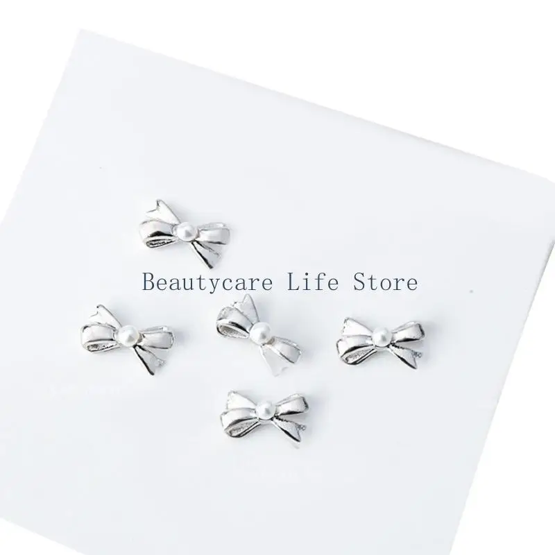652C 5Pieces Metal Art Studs 3D Pearls Bows Rivets Art Decorations