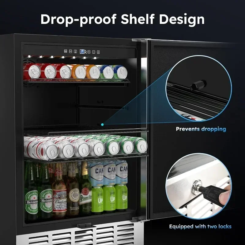 Beverage Refrigerator Built-in Freestanding Beverage Cooler with Glass Door Security Lock Removable Shelves