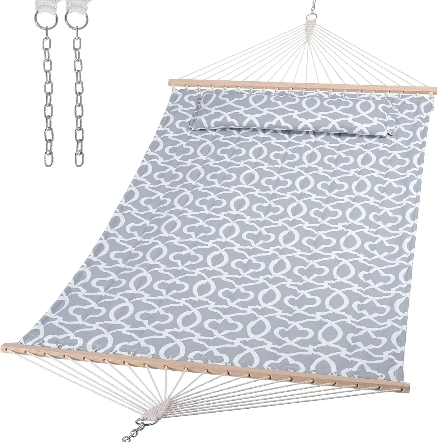 

Double Quilted Hammock with Hardwood Spreader Bar, Extra Large Soft Pillow, Heavy Duty 2 Person Hammock for Indoor, Outdoor, Gre