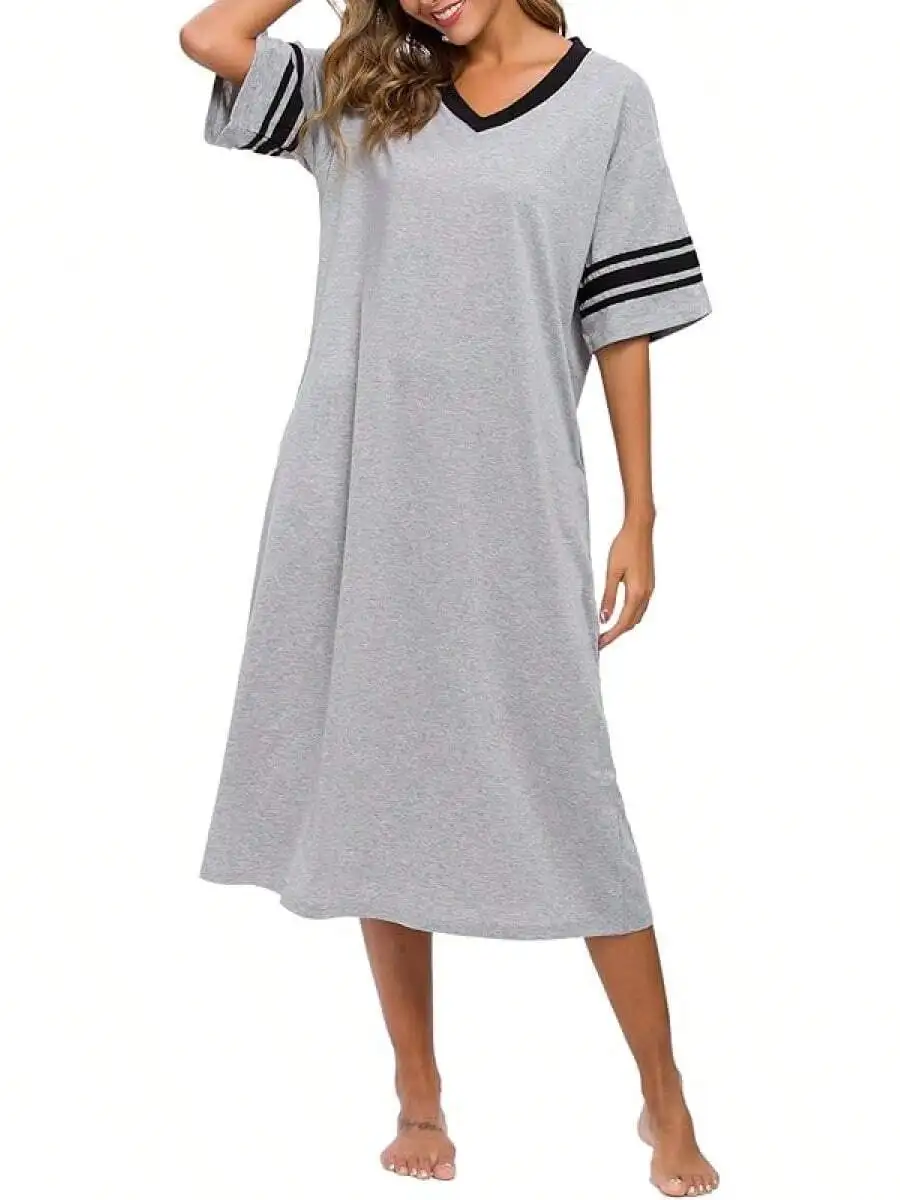 Womens Knit Short Sleeve Long Nightgown With Pockets Soft Loungewear S-XXL