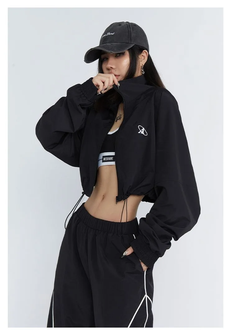 American Letter Embroidery Windbreaker Women Loose Casual Long Sleeve Quick Dry Crop Jacket Drawstring Harajuku Y2K Jazz Top