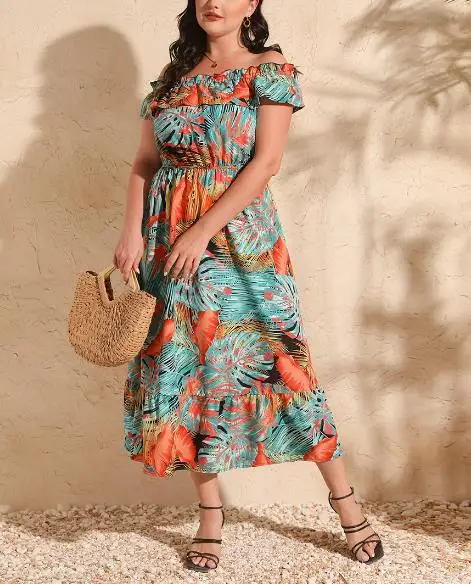 สาวอ้วนฤดูร้อน Tropical Rainforest พิมพ์หนึ่งไหล่พิมพ์ A-Line Dress หญิง Ruffled Seaside Holiday Beach PLUS ขนาดชุด