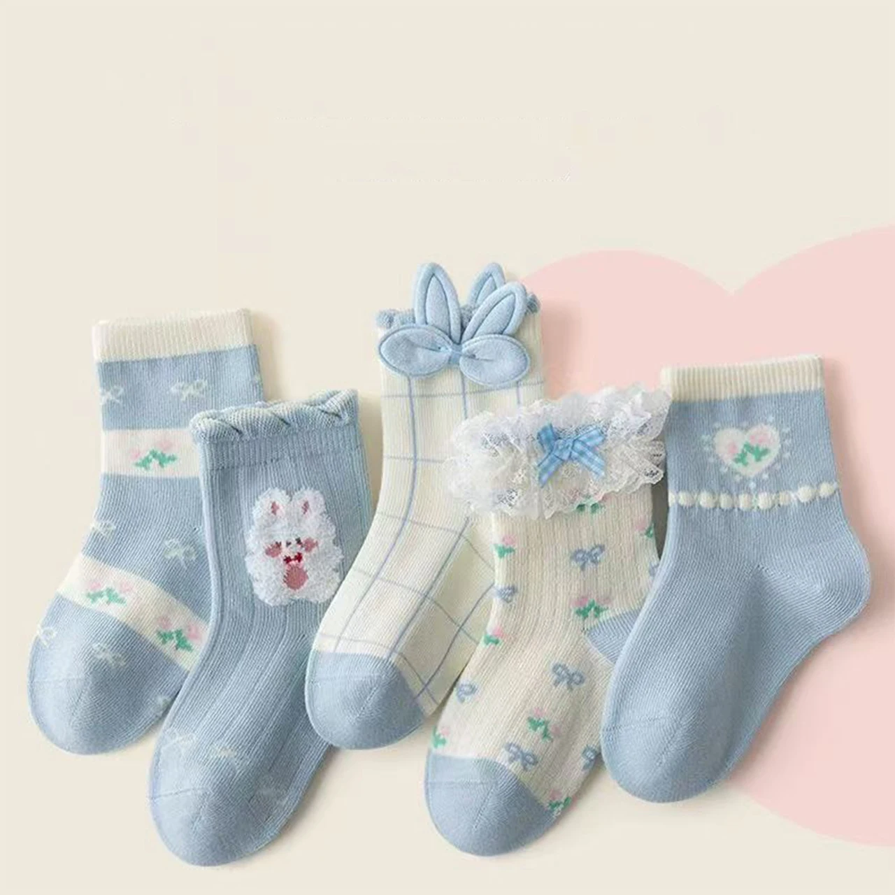 5pair Blue Rabbit Princess Sock Girls Lace Bow Socks Spring Autumn Mid Tube Sock  Children Cotton Socks 1-6Year Kids Footwear