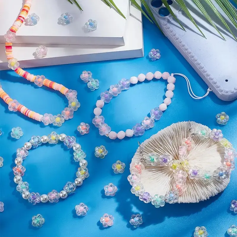 30PCS 12mm Matte Clear Five Petal Beads,Candy Color Core Frosted Floral Beads,Handmade Keychain Bag Pendant Craft Accessories