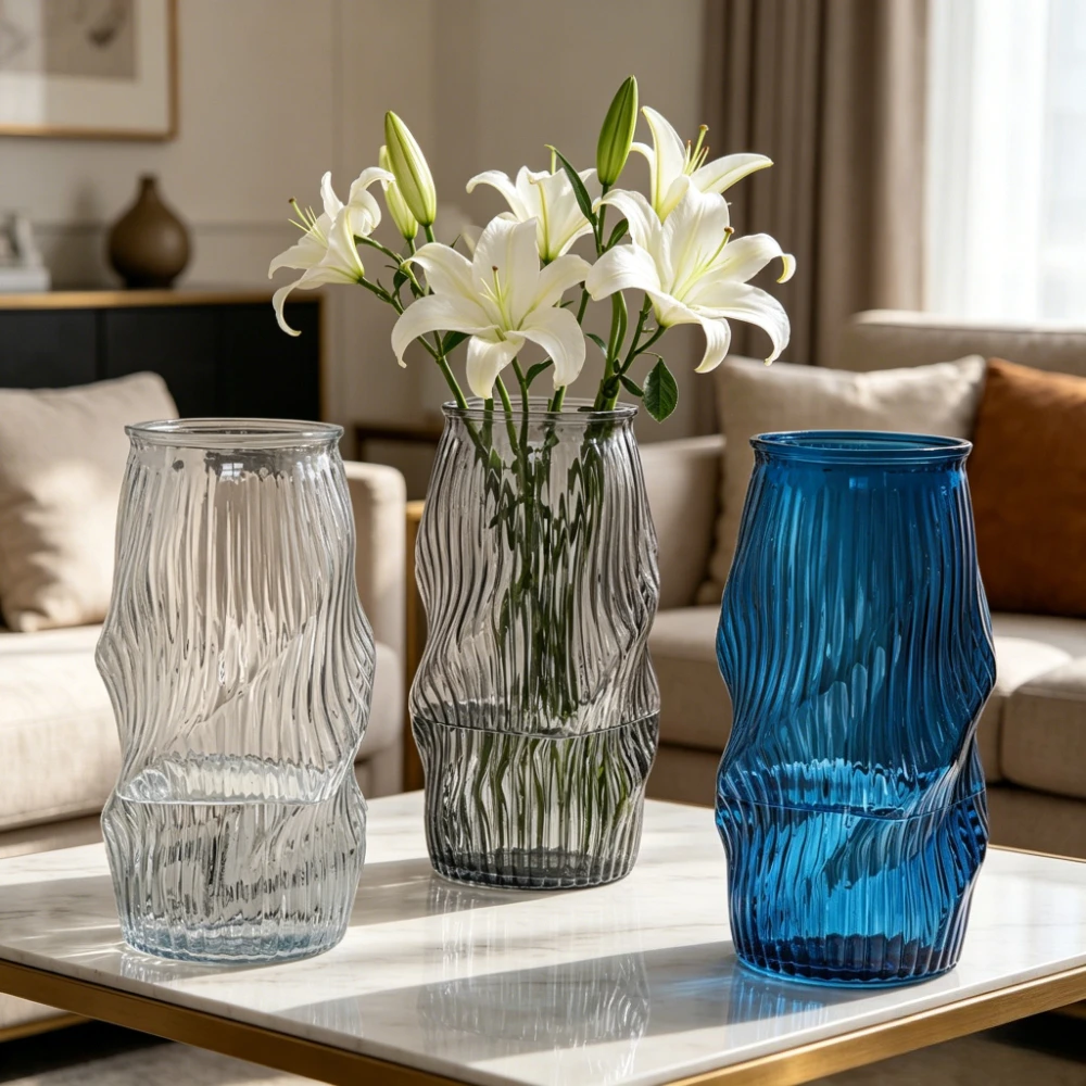 Modern Wavy Ribbed Glass Vase Hydroponic Glass Flower Pots Desk Decoration Nordic Style Home Living Room Aesthetic Decor