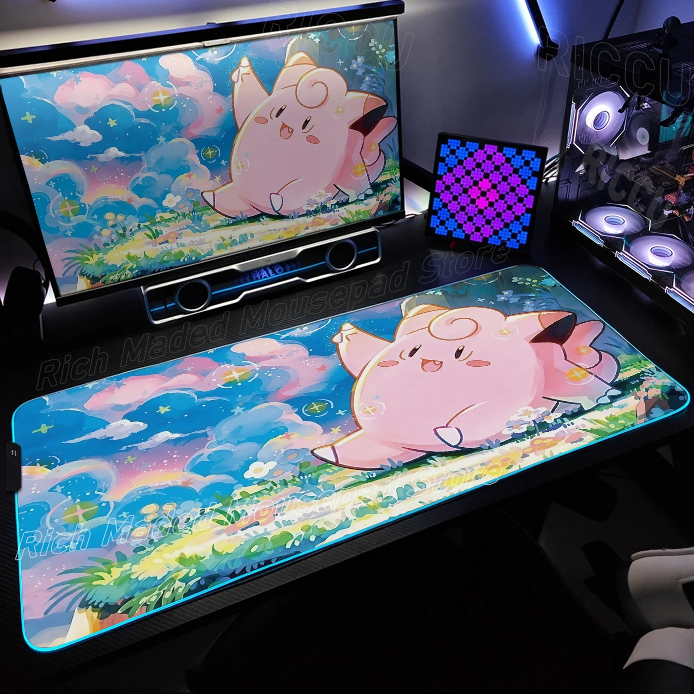 Large RGB Mouse Mat P-Pokemon Desk Mat LED Gaming Mousepad Big Luminous Desk Pad Clefairy Jigglypuff Gamer Backlit Mouse Pad Rug