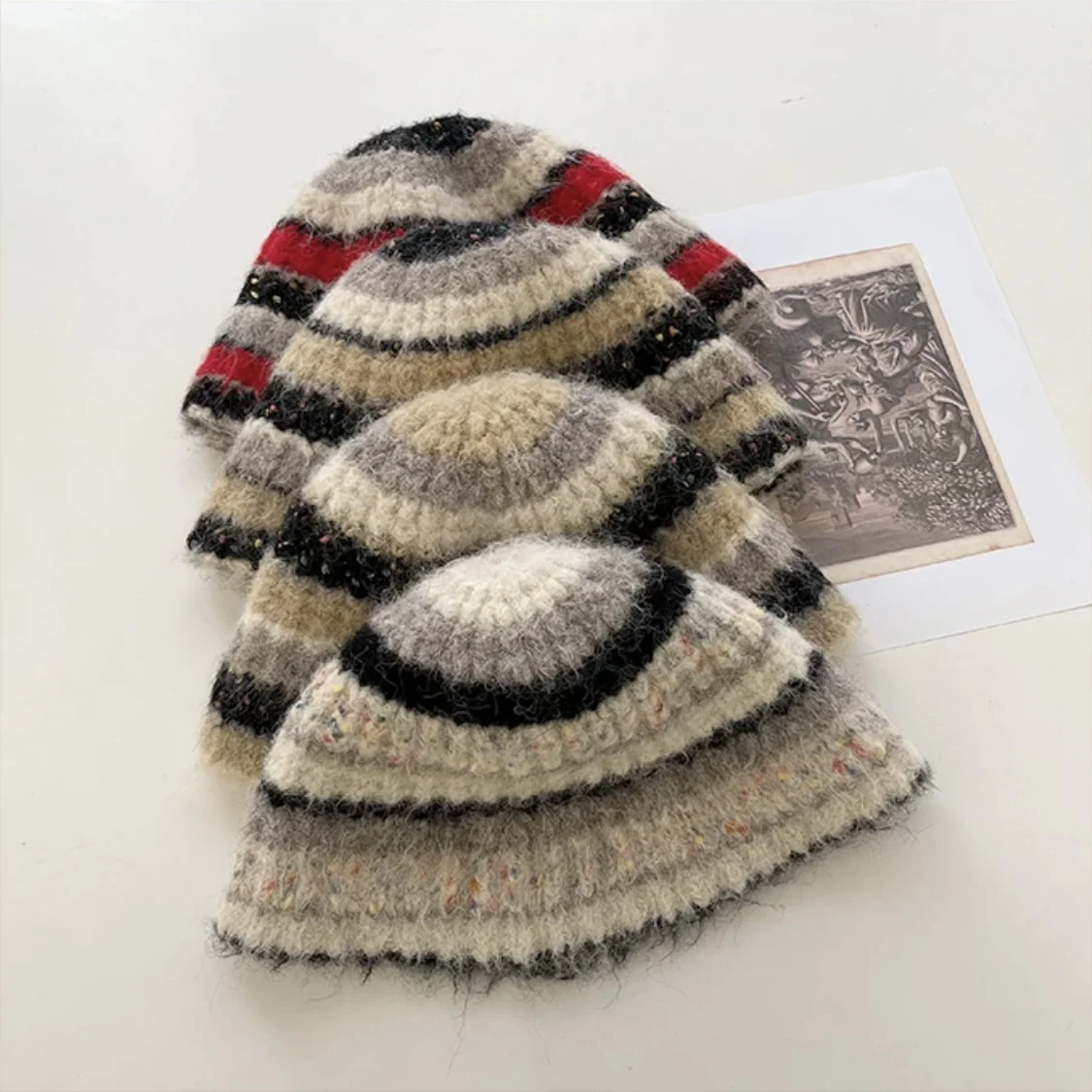 Women's hat Winter thick new style Fair Island style Striped Retro Color blocked Wool knitted hat Warm Versatile Gradient color