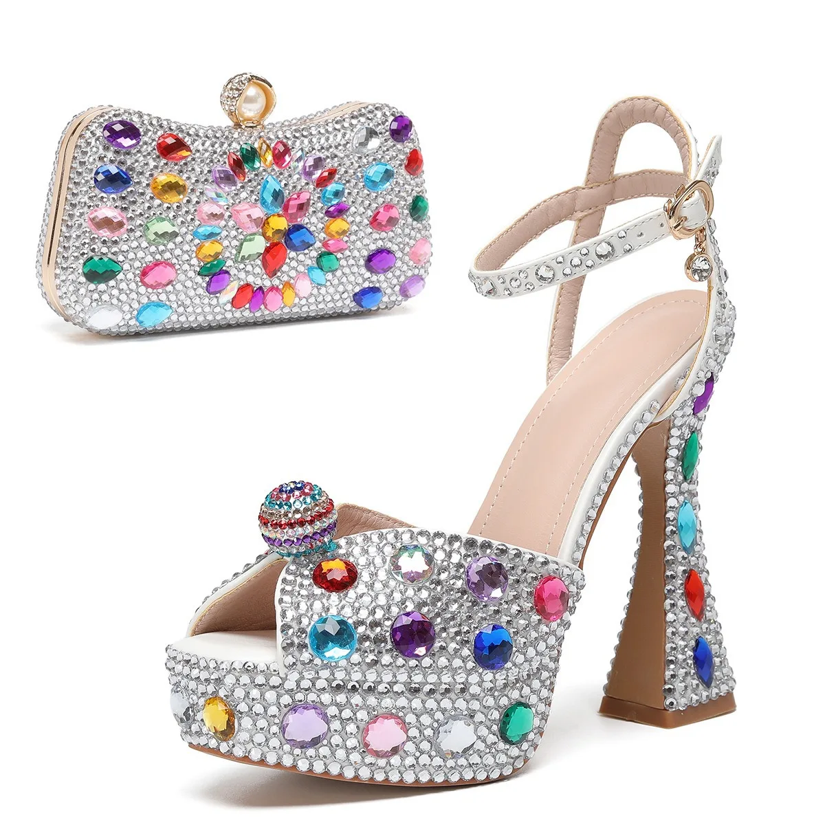 14Cm Fish Mouth High Heel Sandals Light Mouth Word with Large Size High Heel Sandals Rhinestone Bridal Sandals