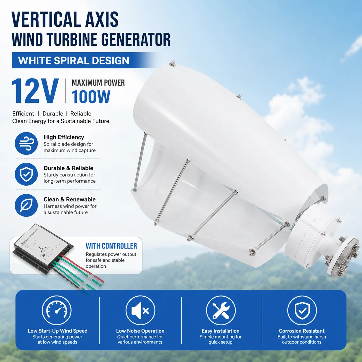 Renewable Energy Us - Vertical Axis Wind Turbine Generator White