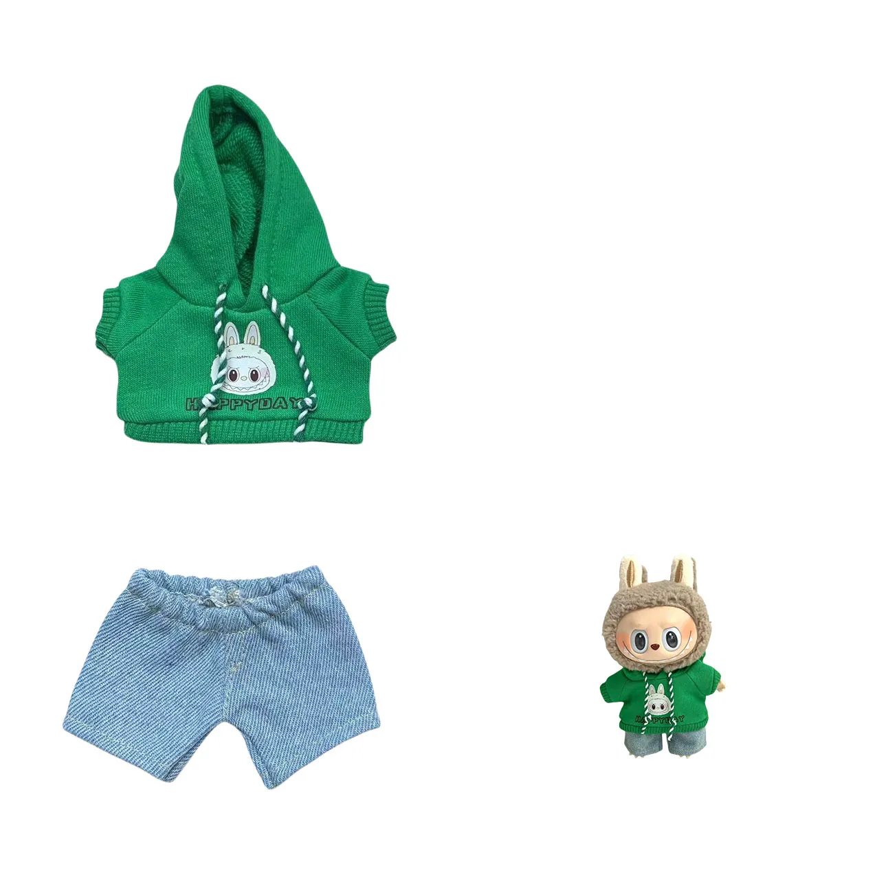 Vestiti per bambole Labubu da 17 cm: felpa con cappuccio con stampa battito cardiaco e set di abiti color macaron, note di traduzione chiave