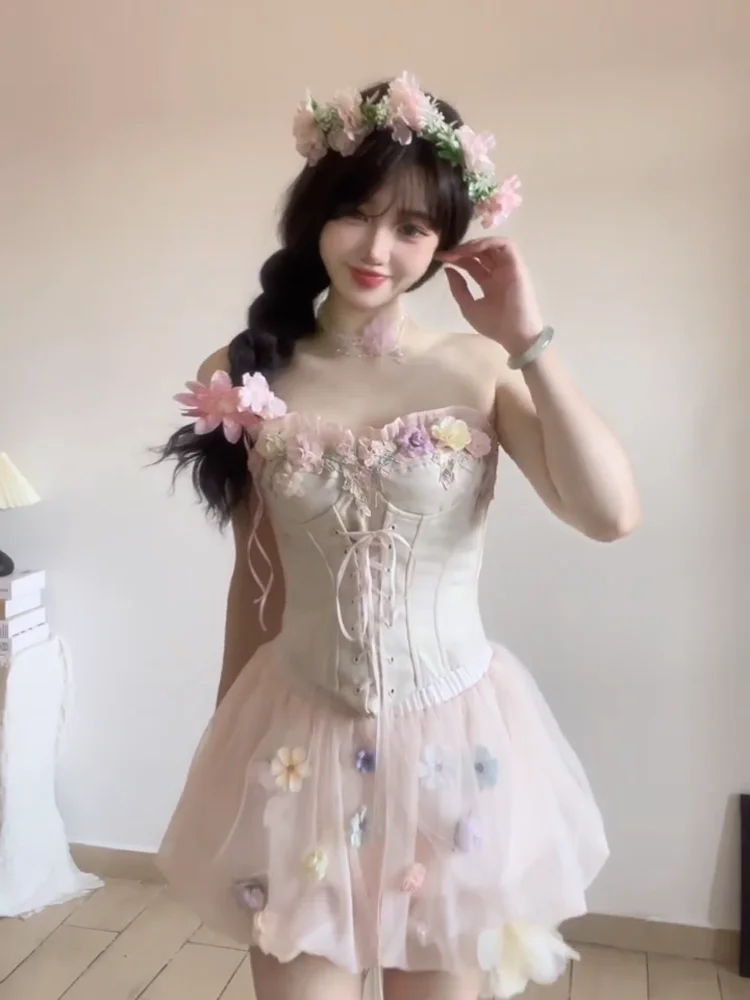 

Floral Fairy Sweet Fing Princ Tee-Dimensional Flower Svel Bustier f Skirt Cute Sister Two-Piece Set Summer F...