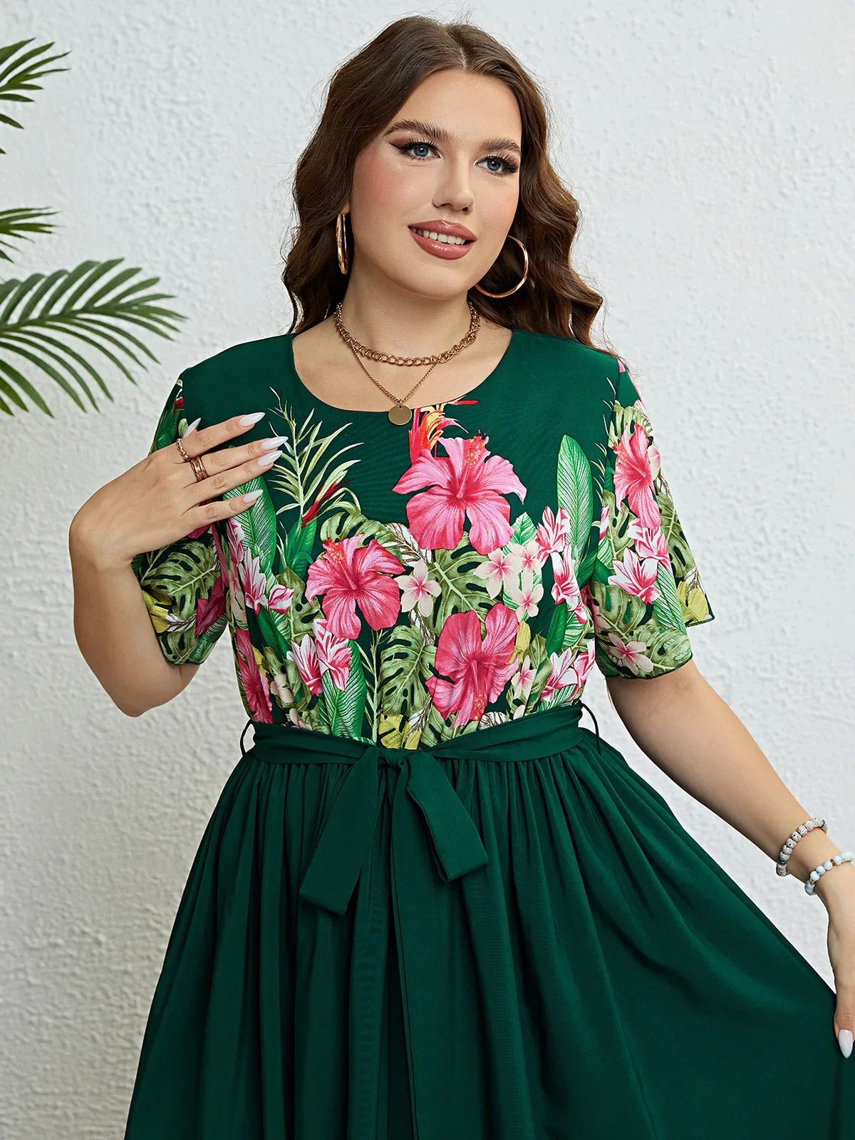 Plus Size Womne Dress Crew Neck Floral Print Patchwork Female Robe A-Line Color Block Short Sleeves Lady Waist Belt Summer Gown