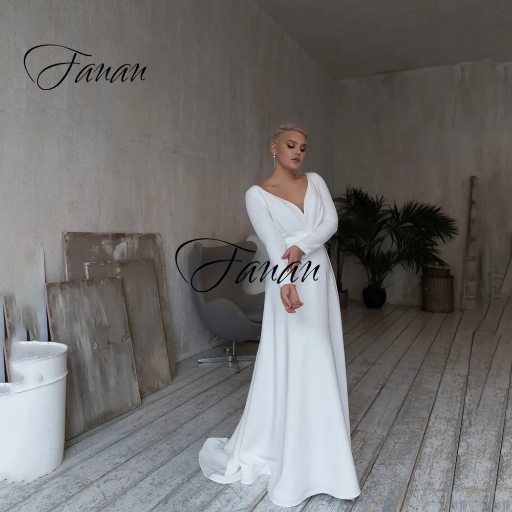 Nuovo semplice scollo a v manica lunga abito da sposa lunghezza del pavimento Plus Size abito da sposa robe de soirée de mariage