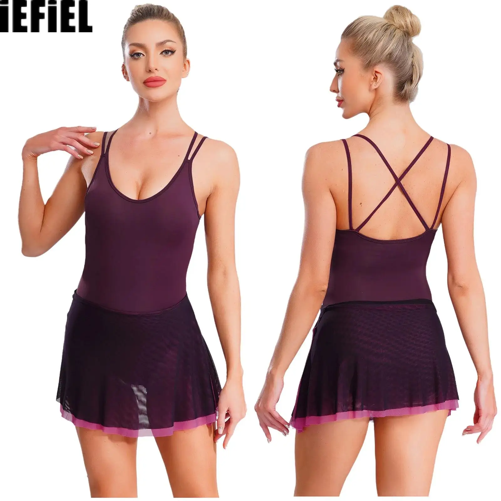 

Womens Ballet Figure Skating Dress Removable Pads Color Block Mesh Hem Built-in Briefs Leotard Dress for Lyrical Dance