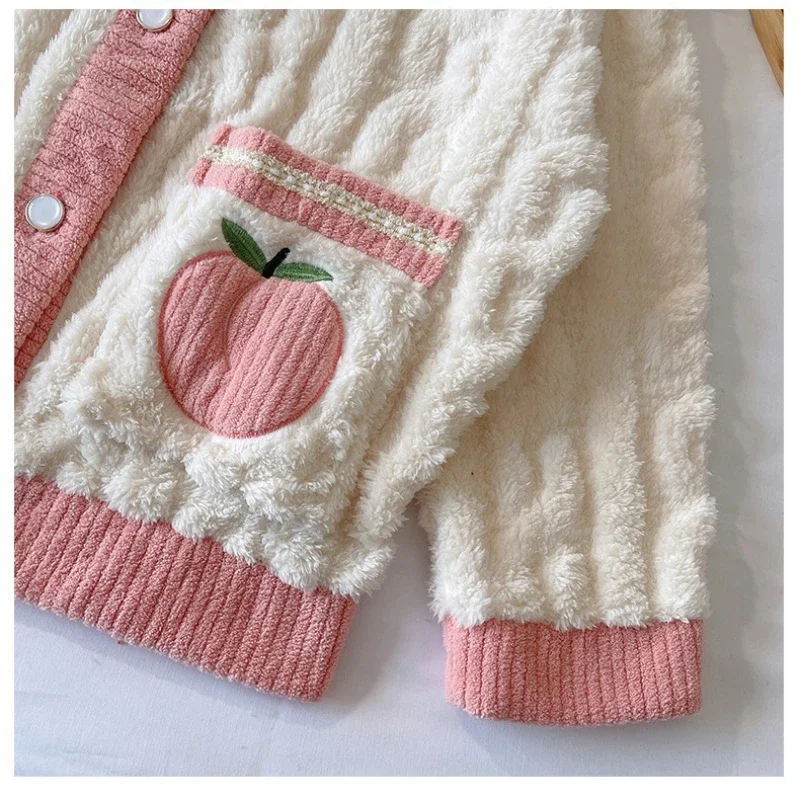 Thickened Warm Pink Peach Coral Velvet Pajamas 2PCS Set Winter Ladies Cardigan Nightwear Homewear Sweet Sleepwear Loungewear