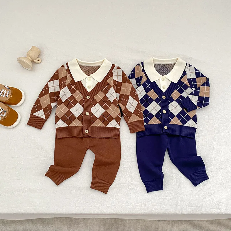 

Autumn Baby Boy First Birthday Outfit Long Sleeved Knitted Cardigan Sweater+Pant Plaid Autumn Sets Newborn Infant Clothes Suit