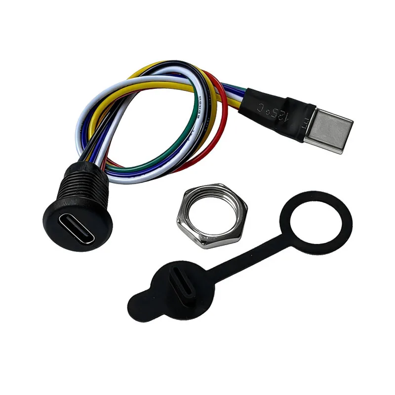 Type C 6Pin 4Pin Female to Male Extension Adapter Threaded Mount PD Fast Charging Data Cable for Car Motorcycle Panel DIY