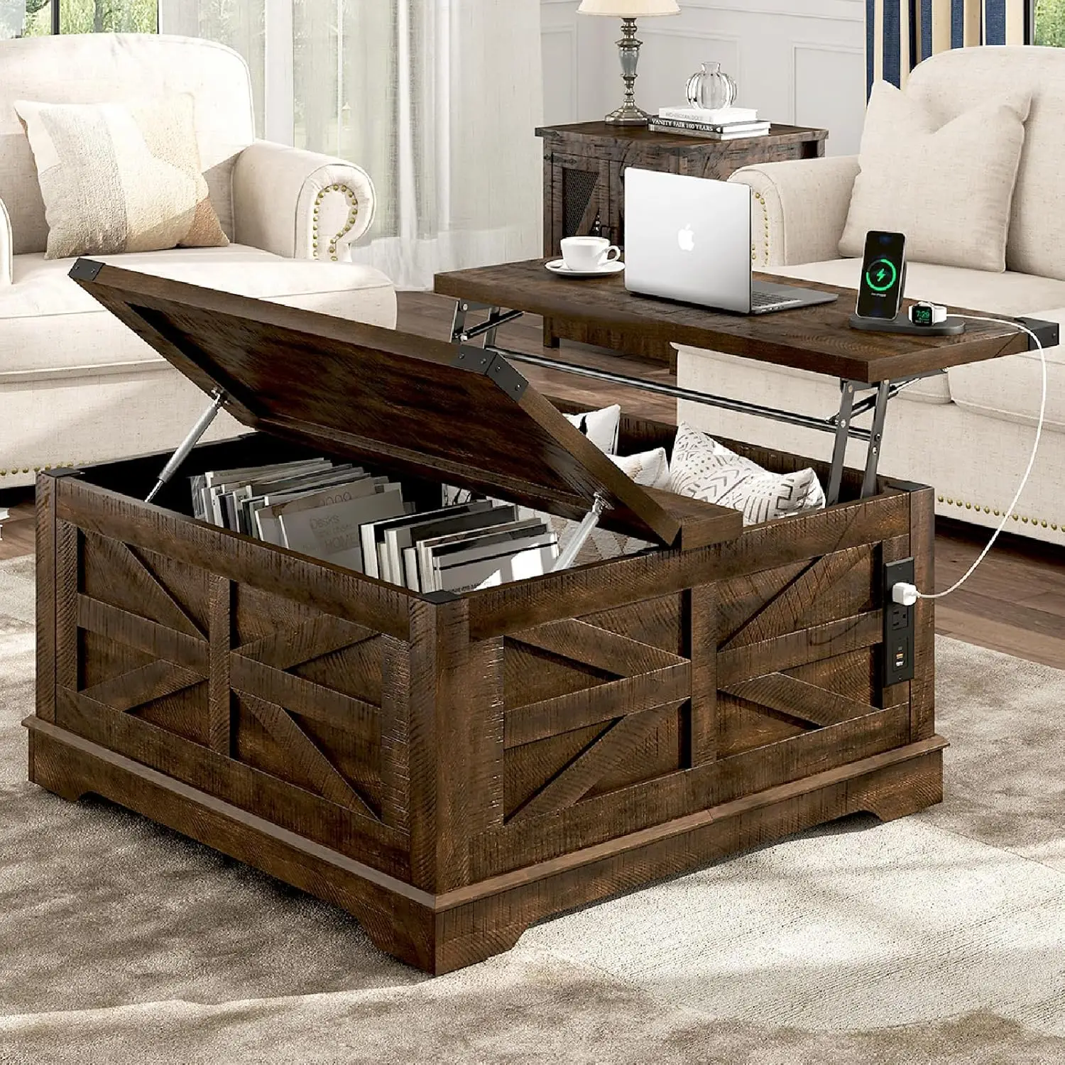 

36" Farmhouse Movable Lift Top Coffee Table With Storage And Power Outlets, Square Wood Living Room Tables With