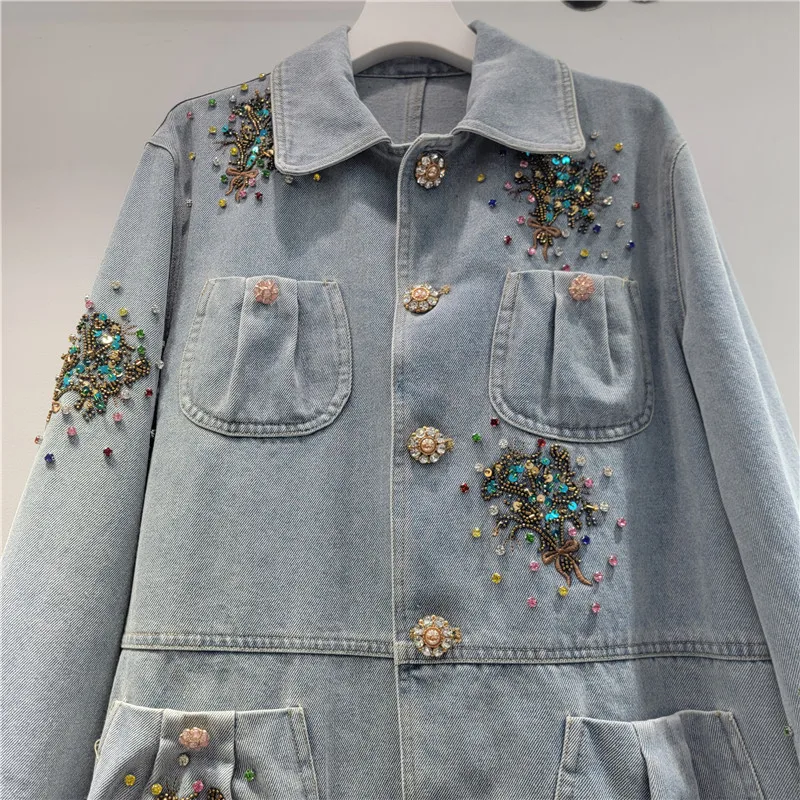 SuperAen Embroidered Flares Diamond Design Denim Jacket for Women 2026 Spring New Loose European-style Jacket Tops