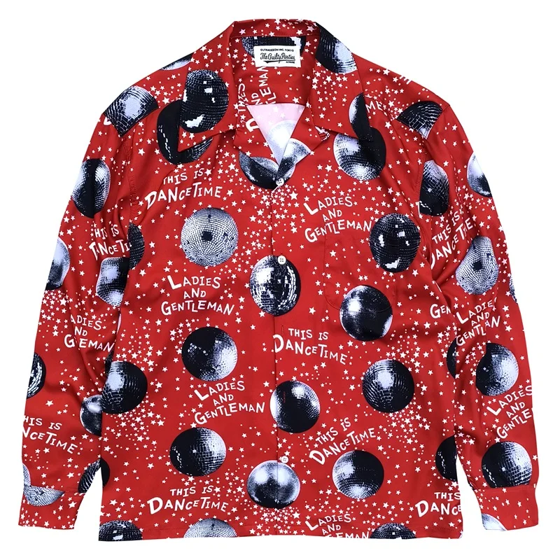 Red Black Brand WACKO MARIA High Quality Digital Print DISCO Mirrorball Pattern Hawaii Mens Womens Long Sleeve Shirt