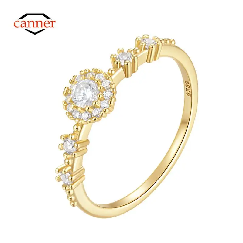 CANNER 18k gold plating Classic Ladies Fine Jewelry Engagement Rings 925 Sterling Silver Ring With Round Zircon For Women