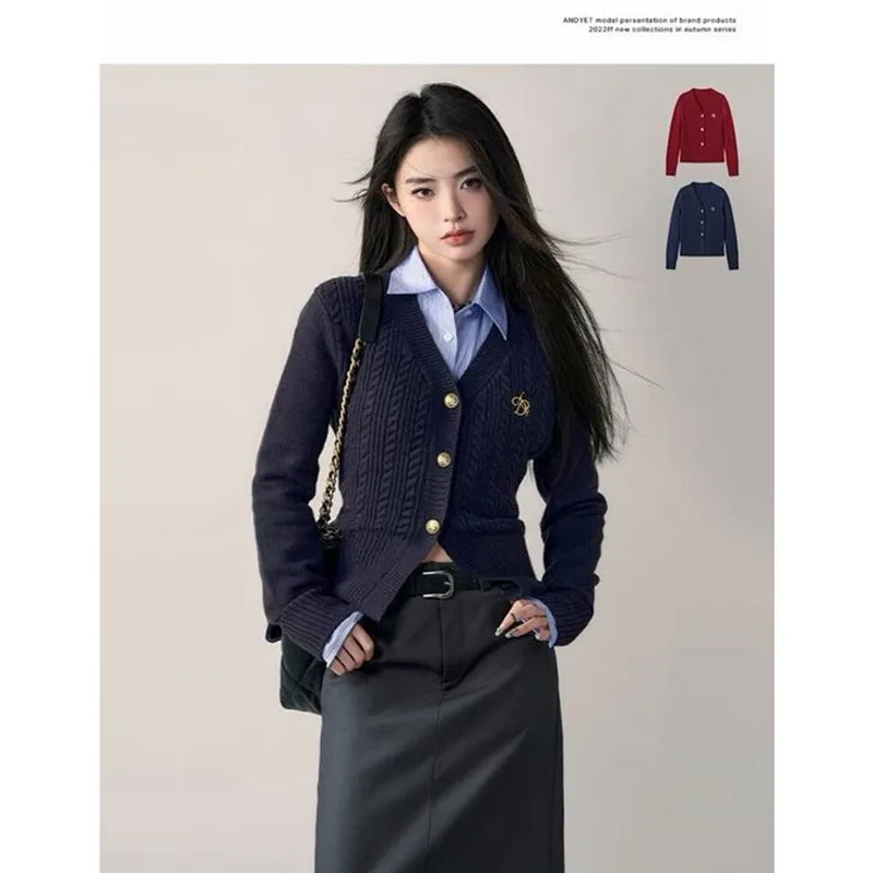 STSVZORR Spring and Autumn 2023 new design Korean style collegiate V-neck slim sweater cardigan+shirt fashion two-piece set