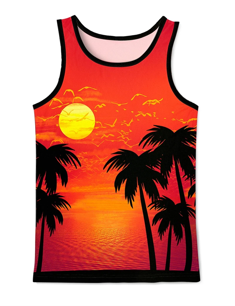 Pop 3D Coconut Tree Printed Tank Top Gym Clothing Men Summer Streetwear Basketball Vest Quick Drying Sleeveless T-Shirt Y2k Tops