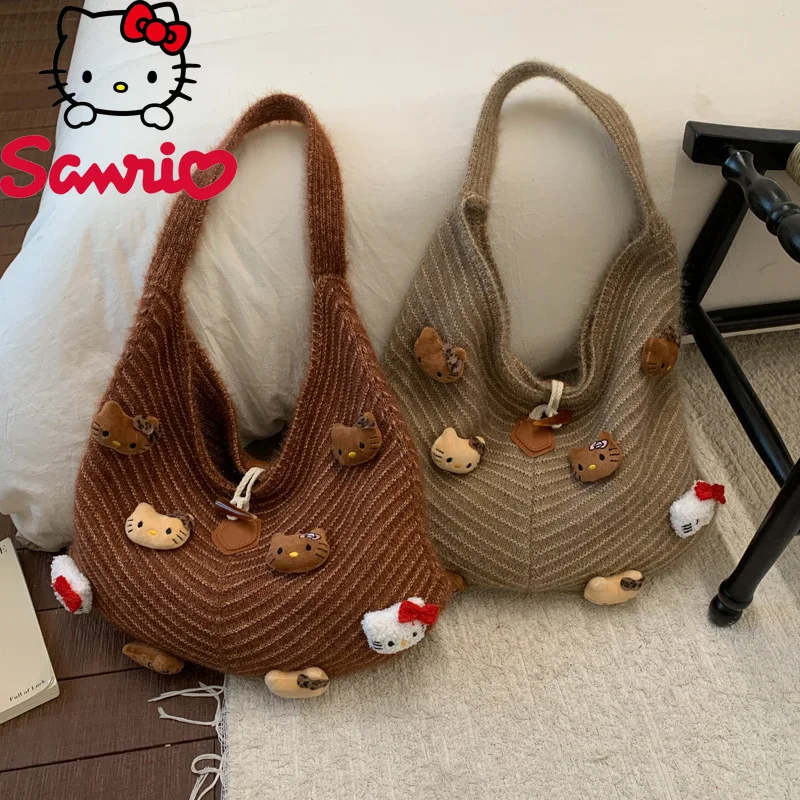 

Hello Kitty 2026, новая женская вязаная сумка, модная женская сумка высокого качества, однотонная женская сумка большой вместимости, женская сумка для покупок