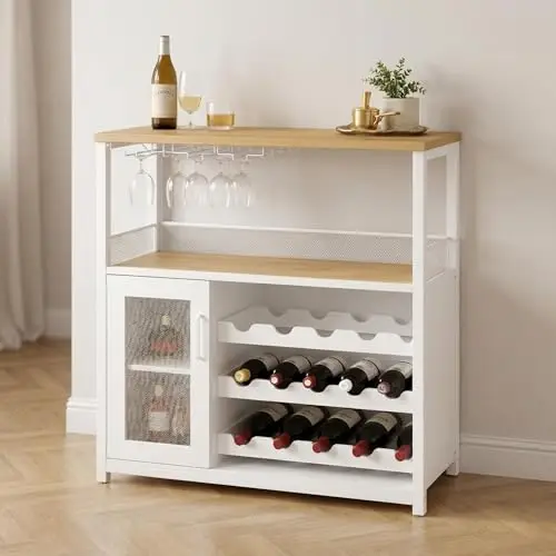 Wine Bar Cabinet, 3-Tier Removable wine rack cabinet glass holder, Mesh door adjustable shelf display cabinet bar