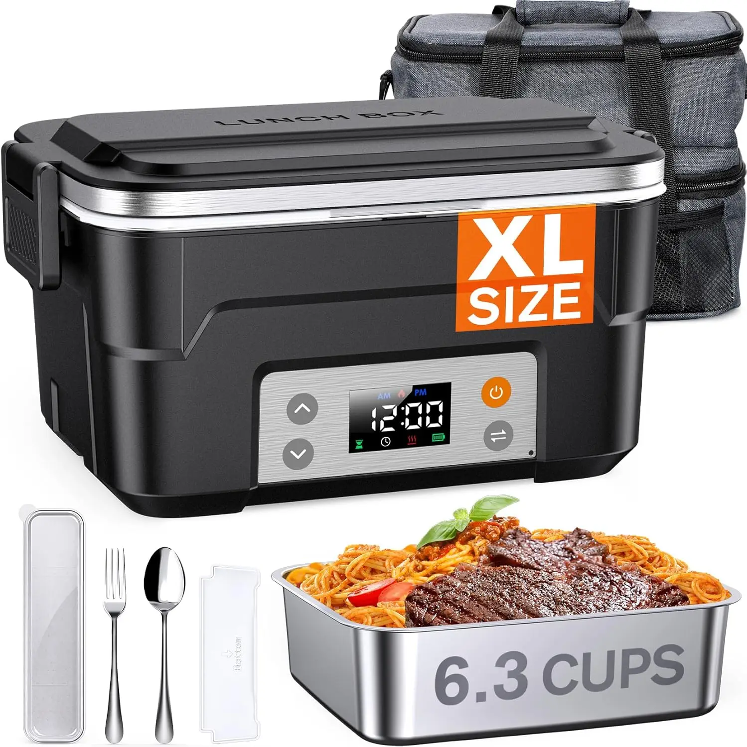 

XL 6.3-Cup Cordless Electric Lunch Box for Adults, Heated Portable Car Food Warmer with Scheduled Heating & Utensils