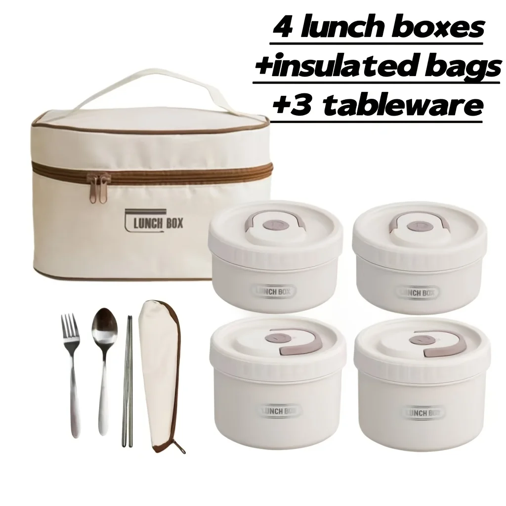7-piece/8-piece/9-piece insulated lunch box portable stainless steel food container round, microwave heatable, stackable, leak proof insulated lunch box suitable for adult men and women with insulated bags，Comes with tableware