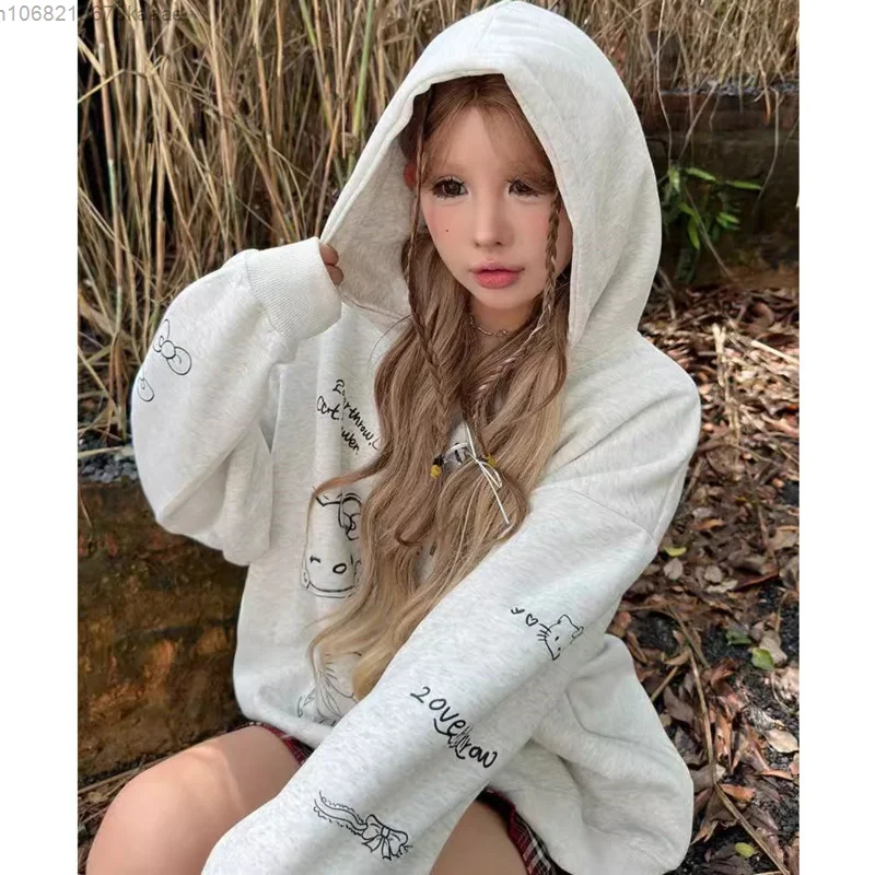 Sanrio Hello Kitty Women Autumn Winter Cute Hooded Top New Loose Casual Versatile Hoodie Korean Version Trend Fashion Pullover