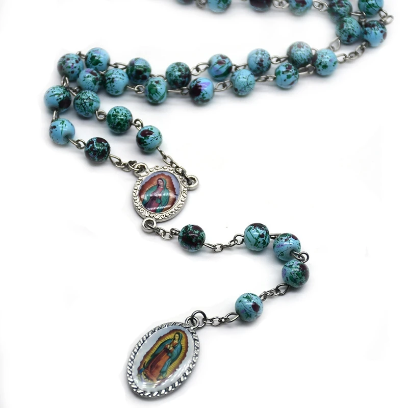 Guadalupe Pendant Rosary Necklace Glass Beads Strand Religious Jewelry For Men Women
