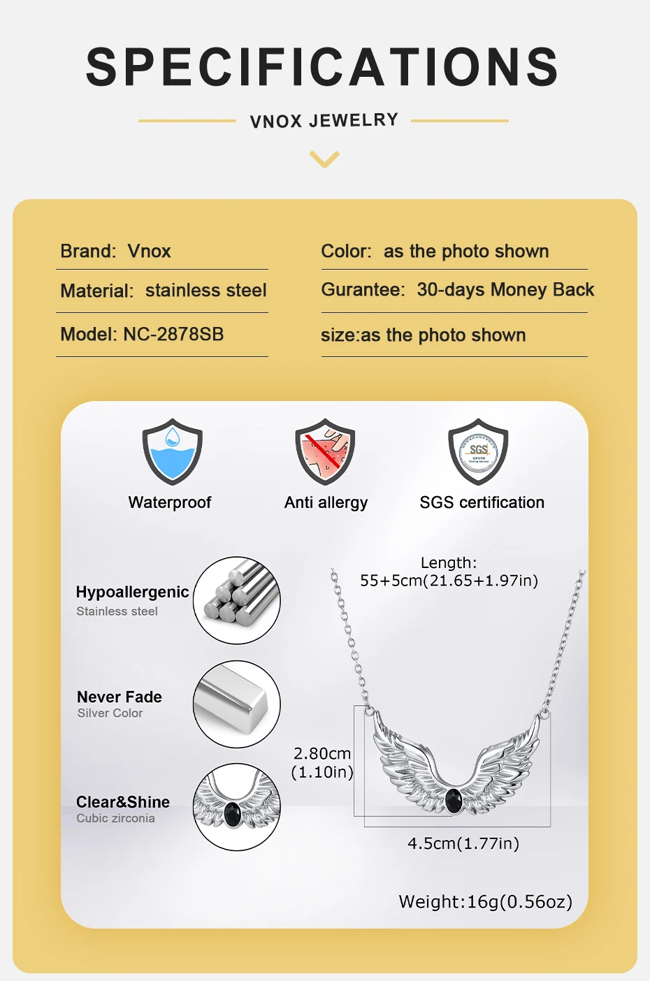Vnox Halskette mit Engelsflügel-Anhänger für Herren, Edelstahl mit eingelegtem Zirkon, verstellbare Kette, Punk-Street-Schmuck für Herren, Geburtstagsgeschenk – Detail 4