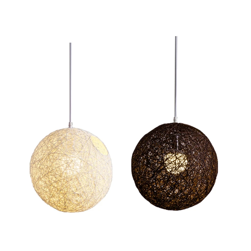 

2 Pcs Bamboo, Rattan And Hemp Ball Chandelier Individual Creativity Spherical Rattan Nest Lampshade - White & Coffee