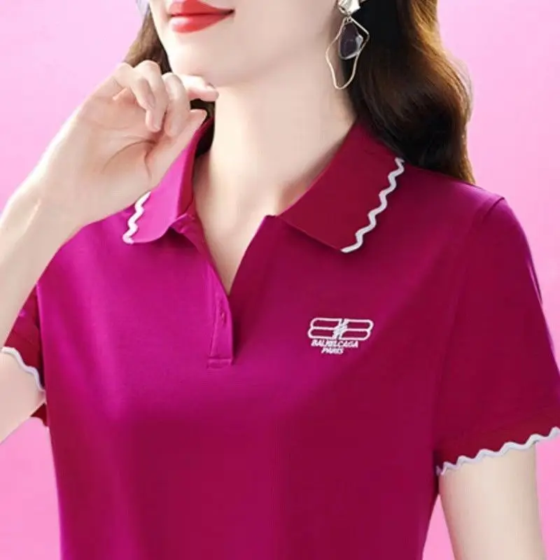 Middle-Aged Lapel Short Sleeve T-shirt Women\'s Summer New 100% Cotton Sports Leisure Polo Bottoming Shirt Golf Shirt Women