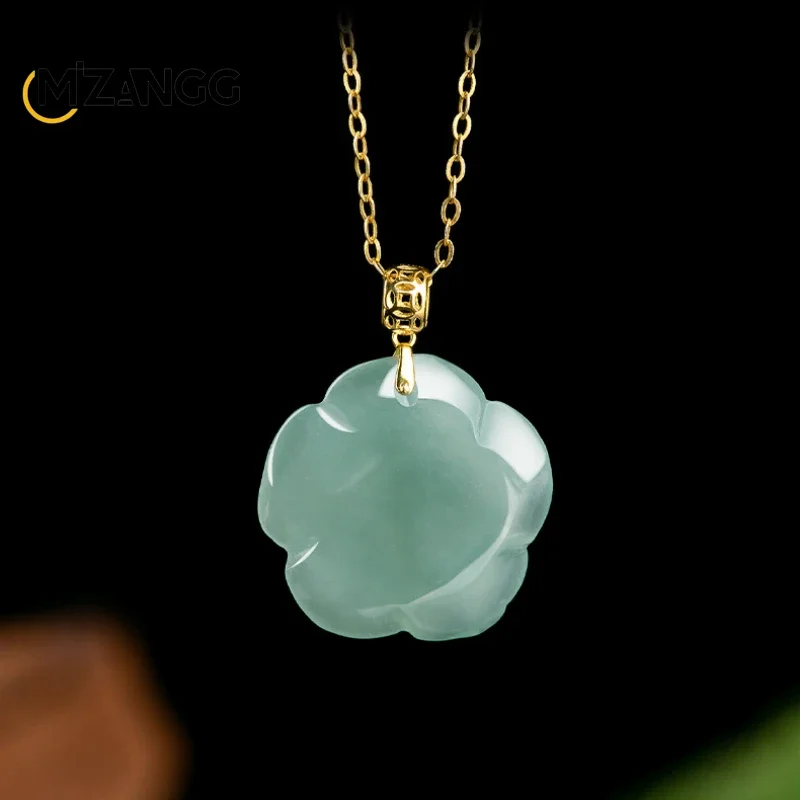 18K Gold Natural A Goods Jadeite Blue Water Rose Pendant High-grade Ice Kind Exquisite Fashion Women's Jade Necklace Gift