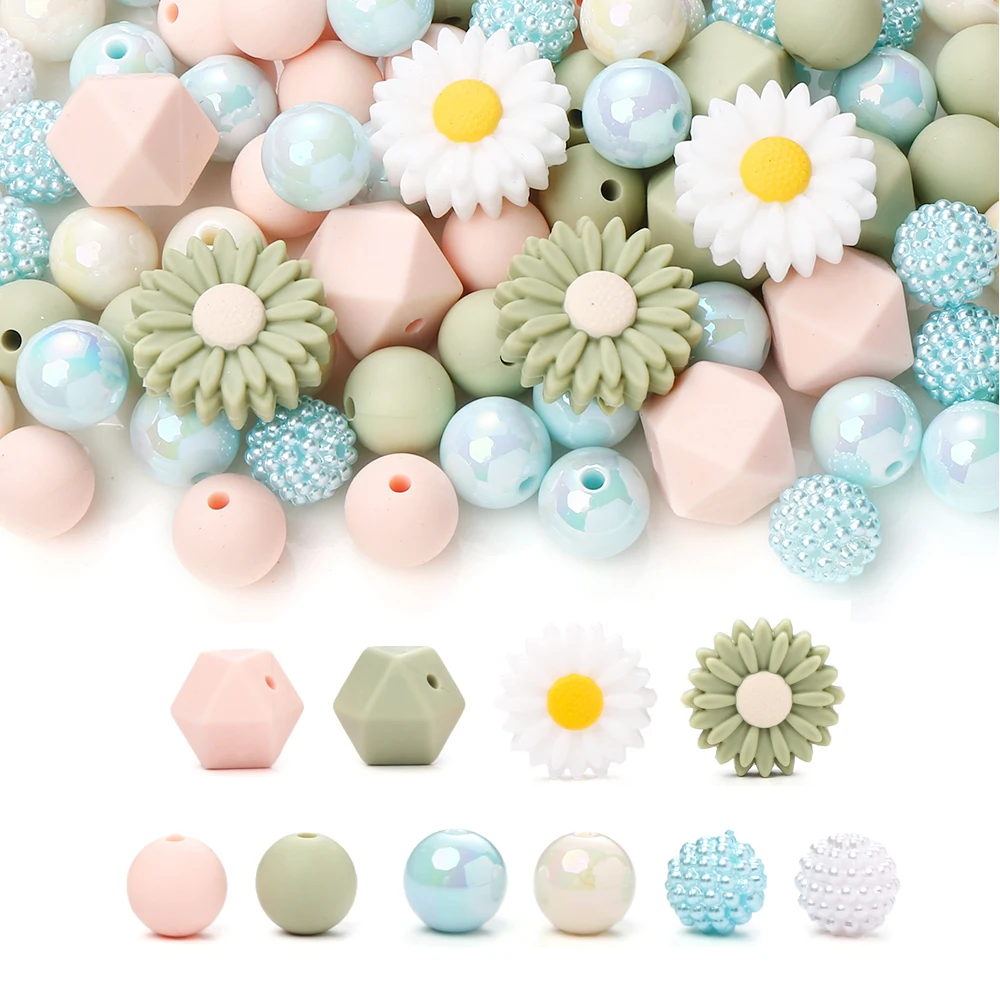 70Pcs Silicone Baby Teething Bead Set Daisy Hexagonal Shape Beads Food Grade for Newborn Diy Pacifier Chain Necklace Accessories