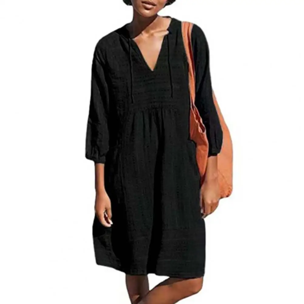 

V-neck Casual Retro Dress Women's Knee Length A-line Dress with Three Quarter Sleeves V Neck Drawstring Detail Casual for Fall