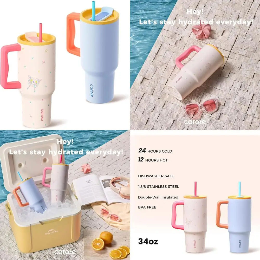 

Изолированные бутылки для воды из нержавеющей стали с двойной упаковкой и ручкой, дорожный стакан с соломинкой, набор Pink & Blue Heart Paradise на 34 унции