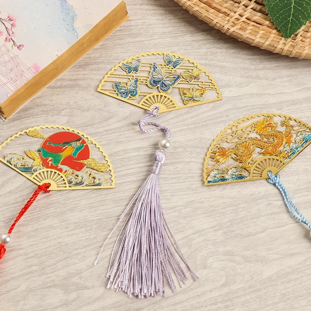 Exquisite Hollow Fan Shape Bookmarks With Tassel Beautiful Chinese Style Metal Book Mark Student Stationery Reading Supplies