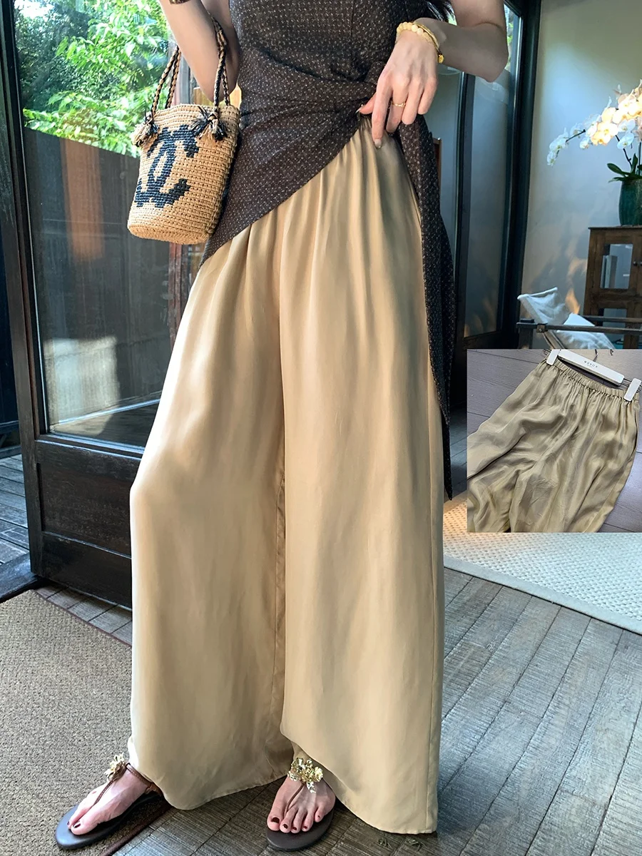 

MUKOK Copper Ammonia Lightweight Draped Loose Women's Casual Pants Breathable Wide Leg Long Trousers Comfortable Elastic Waist