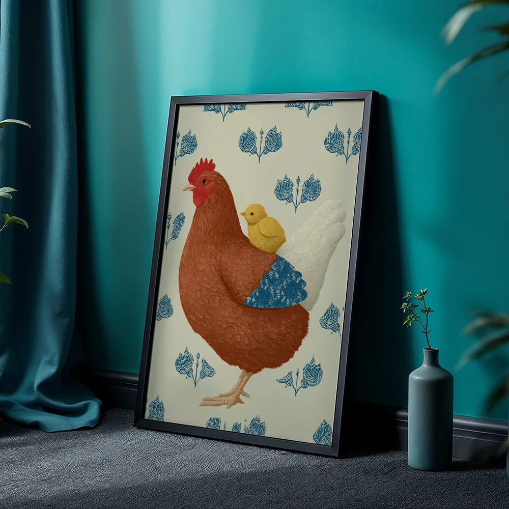 Vintage Abstract Hen Carrying Chick Canvas Wall Art, Poster Hanging For Living Room Bedroom