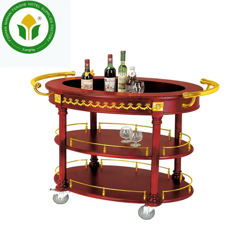 Hotel Guest Room 3 Tier Wooden Wine Bar Trolley Wine Trolley Liquor Service Trolley