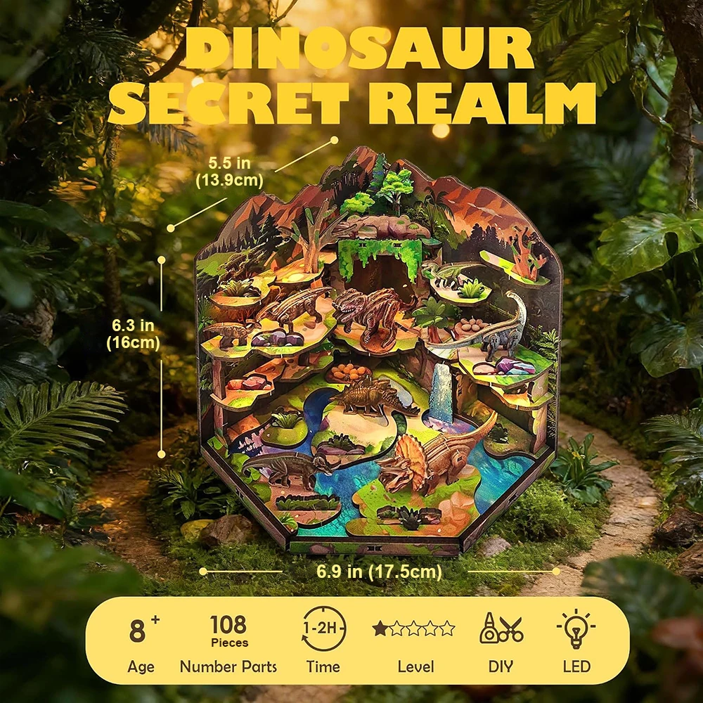 3D Wooden jigsaw Puzzle Dinosaur Wonderland DIY Diorama Kit Toy with LED Lights Miniature Scene Building Birthday Gifts for Boy
