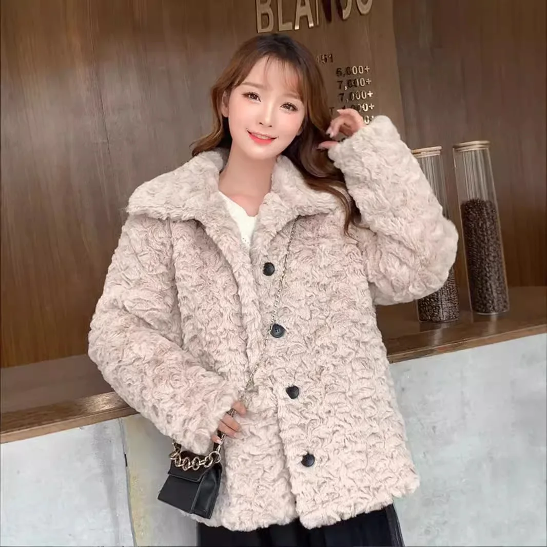 معاطف نسائية من فراء الأرنب الصناعي معطف بياقة مقلوبة وأكمام طويلة وجيوب بأزرار سترات سميكة وفضفاضة غير رسمية لخريف وشتاء 2025