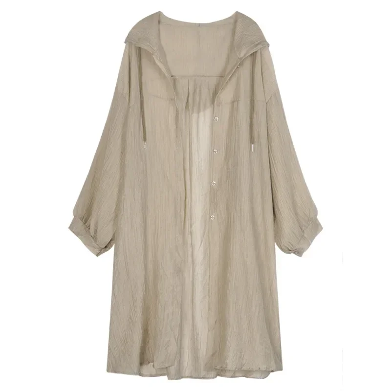 Summer New Thin Mid Length Hooded Long Sleeve Shirt Tops Solid Color Loose All-match Cardigan Trend Casual Women Clothing