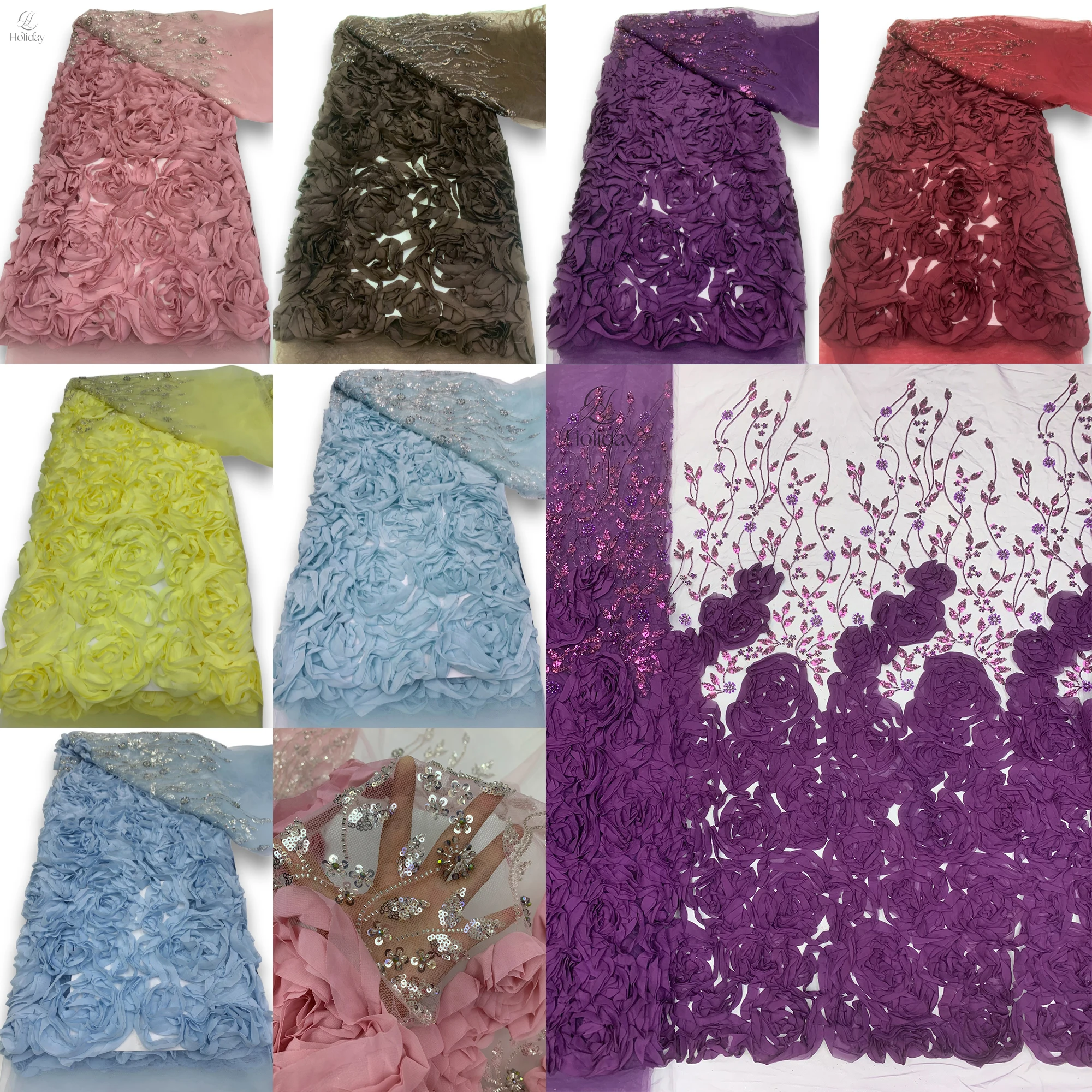 Высококачественная шифоновая ткань с 3D цветами, серебряными блестками и вышивкой бисером для роскошного свадебного платья, вечернего платья своими руками